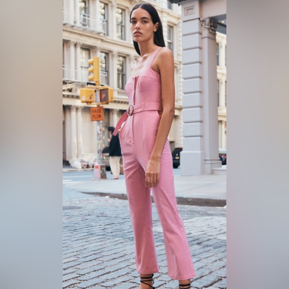 Zara pink belted kick-flare jumpsuit